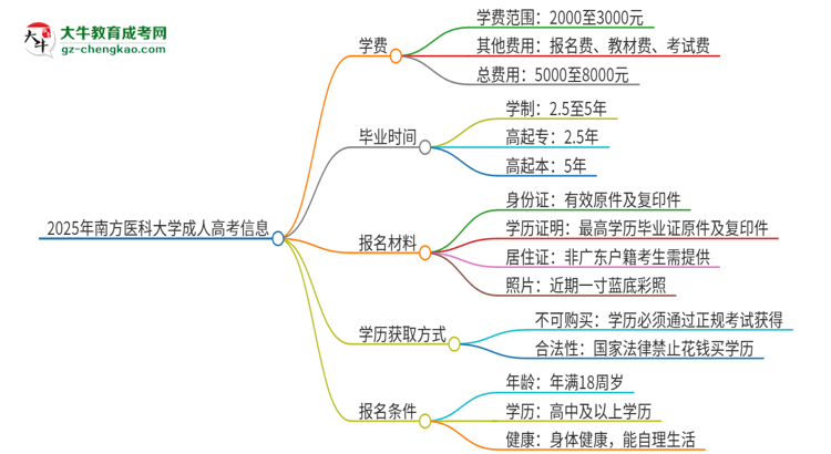 2025年南方醫(yī)科大學(xué)成人高考一年學(xué)費(fèi)要多少？思維導(dǎo)圖