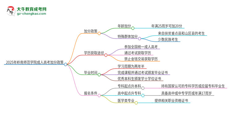 2025年嶺南師范學(xué)院成人高考能加分嗎？加分條件是什么？思維導(dǎo)圖