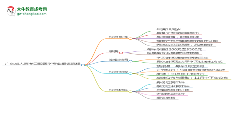 廣東成人高考口腔醫(yī)學(xué)專(zhuān)業(yè)2025年報(bào)名流程思維導(dǎo)圖