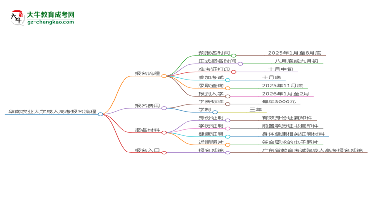 華南農(nóng)業(yè)大學(xué)成考人力資源管理專業(yè)2025年報名流程思維導(dǎo)圖