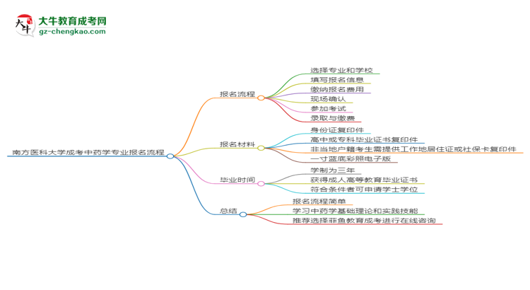 南方醫(yī)科大學(xué)成考中藥學(xué)專業(yè)2025年報(bào)名流程思維導(dǎo)圖