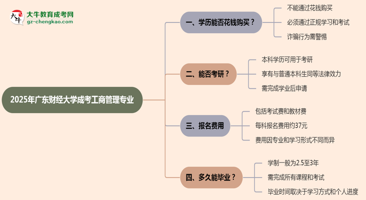 2025年廣東財(cái)經(jīng)大學(xué)成考工商管理專業(yè)學(xué)歷花錢能買到嗎？思維導(dǎo)圖