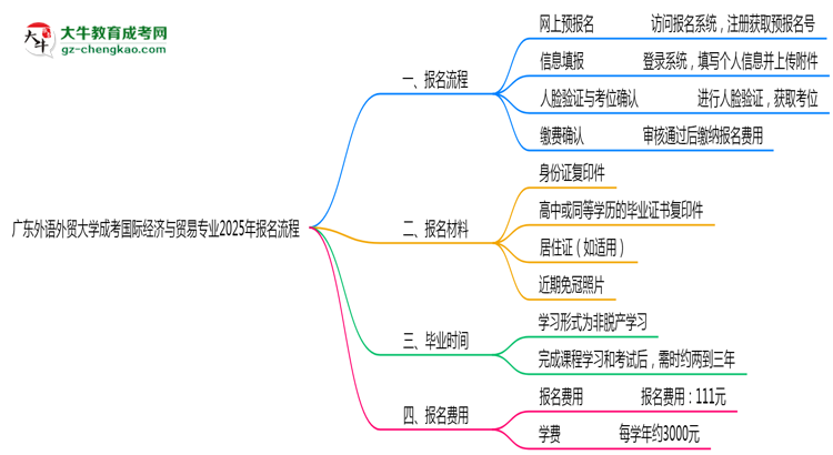 廣東外語外貿(mào)大學成考國際經(jīng)濟與貿(mào)易專業(yè)2025年報名流程思維導圖