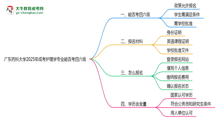 廣東藥科大學(xué)2025年成考護(hù)理學(xué)專業(yè)生可不可以考四六級？思維導(dǎo)圖