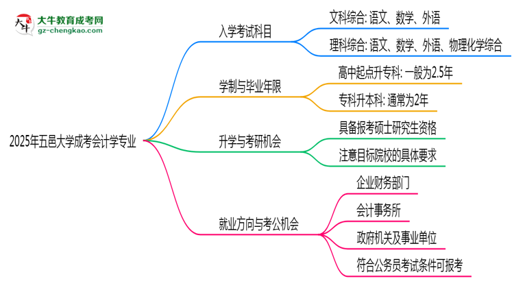 2025年五邑大學(xué)成考會(huì)計(jì)學(xué)專業(yè)入學(xué)考試科目有哪些？思維導(dǎo)圖