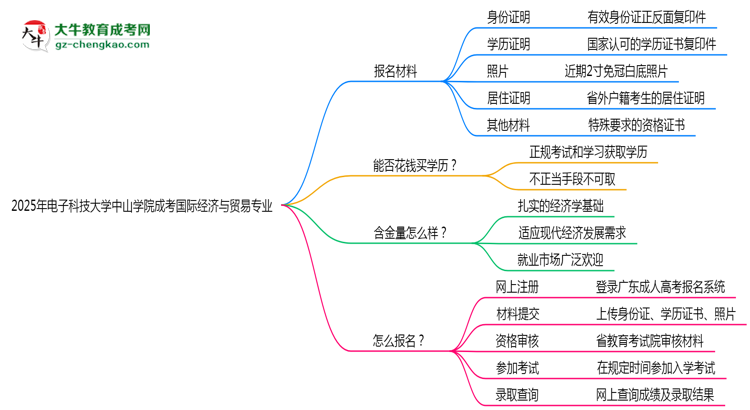 2025年電子科技大學(xué)中山學(xué)院成考國(guó)際經(jīng)濟(jì)與貿(mào)易專業(yè)報(bào)名材料需要什么？思維導(dǎo)圖