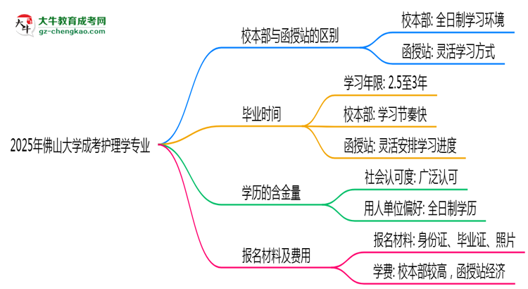 佛山大學2025年成考護理學專業(yè)校本部和函授站哪個更好？思維導圖