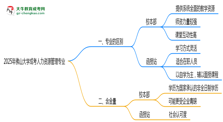 佛山大學2025年成考人力資源管理專業(yè)校本部和函授站哪個更好？思維導圖