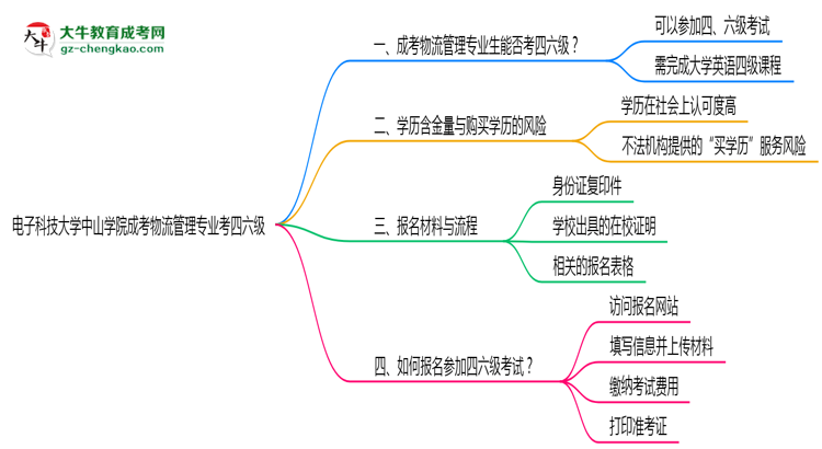 電子科技大學(xué)中山學(xué)院2025年成考物流管理專業(yè)生可不可以考四六級？思維導(dǎo)圖