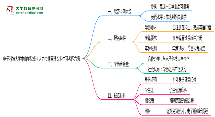 電子科技大學(xué)中山學(xué)院2025年成考人力資源管理專業(yè)生可不可以考四六級？思維導(dǎo)圖