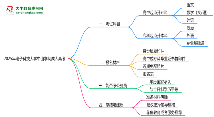 2025年電子科技大學(xué)中山學(xué)院成人高考入學(xué)考試科目有哪些？思維導(dǎo)圖