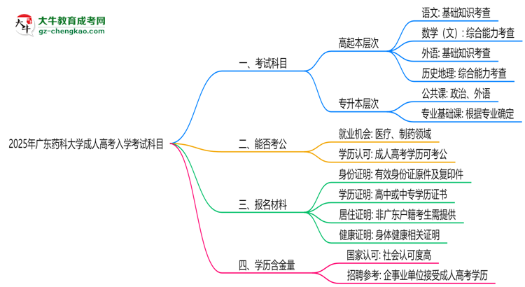 2025年廣東藥科大學(xué)成人高考入學(xué)考試科目有哪些？思維導(dǎo)圖