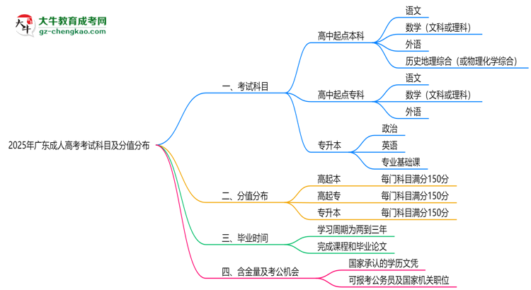 2025年廣東成人高考考試科目及分值分布:必考幾門?思維導圖