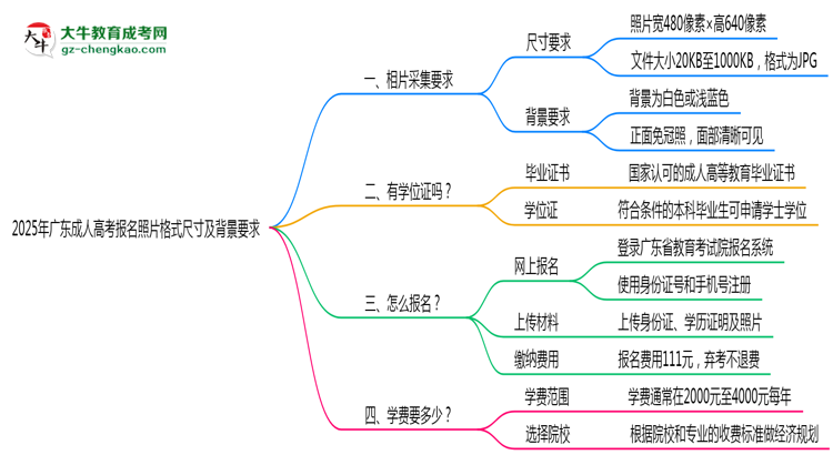 2025年廣東成人高考報名照片格式尺寸及背景要求思維導圖