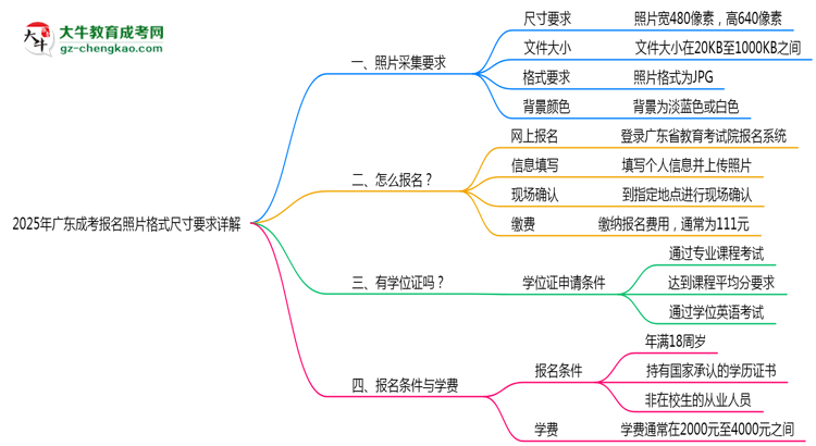 2025年廣東成考報名照片格式尺寸要求詳解思維導圖
