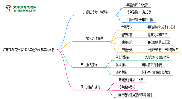 廣東成考專升本2025年最低報考年齡限制思維導圖